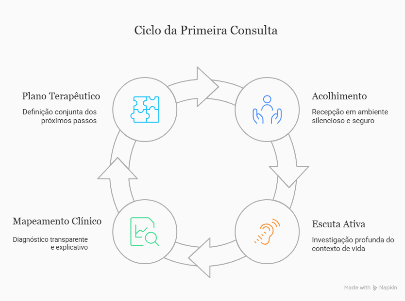 Infográfico do ciclo da primeira consulta psiquiátrica